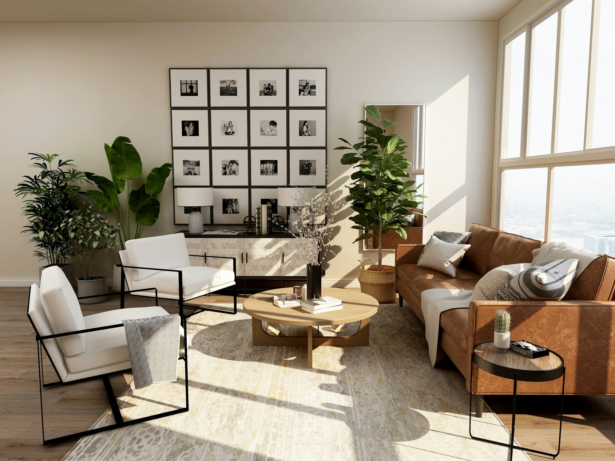 A warm contemporary living room with natural wood, soft seating, and layered textures